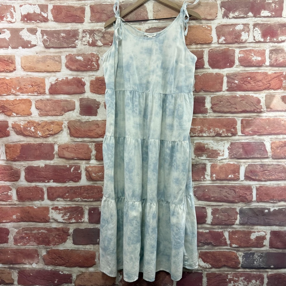 Anthropologie Dress Women's XL Blue White Boho Tie Dye Linen Blend Beachy Midi